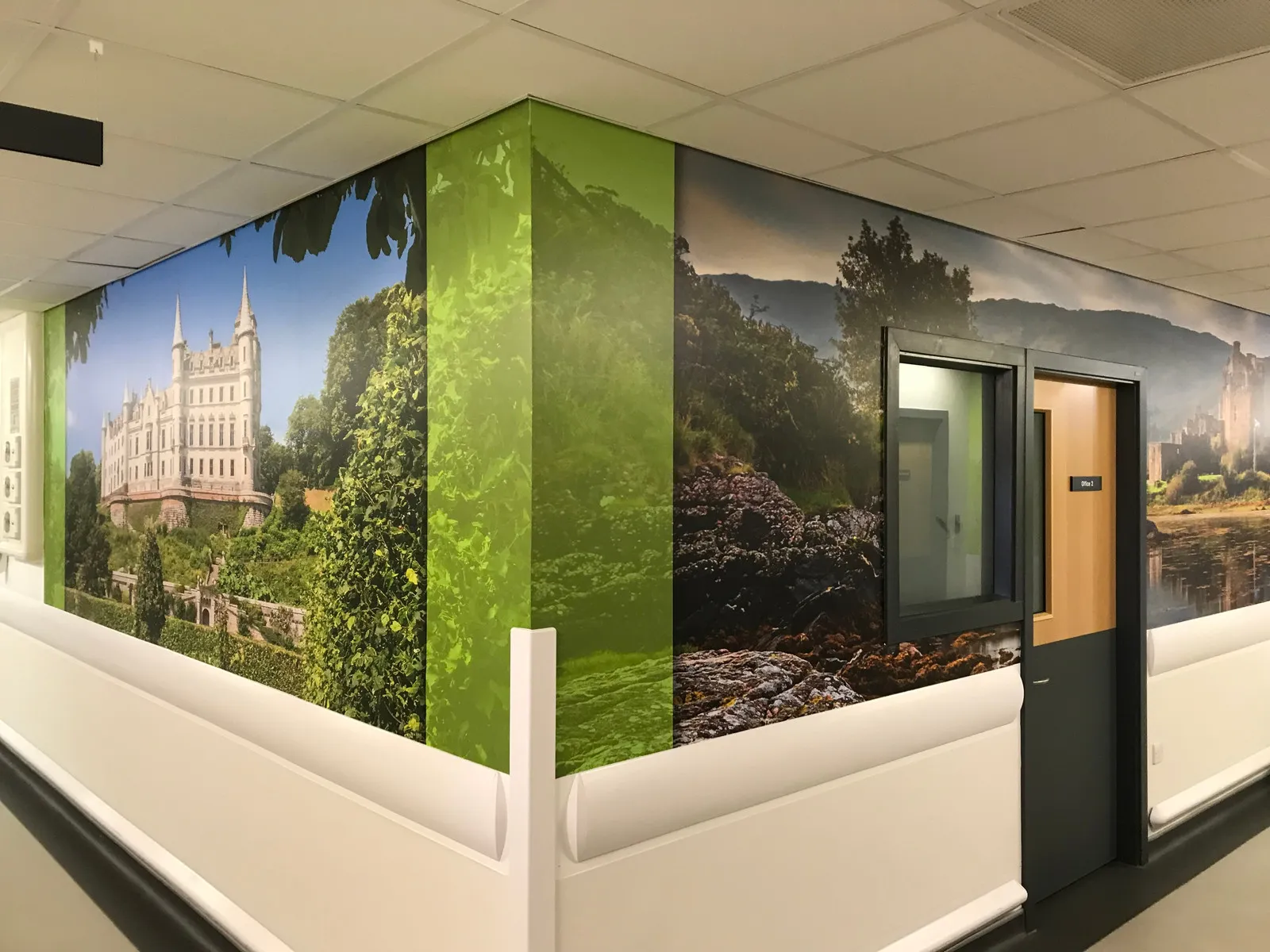 Castle and woodland hospital corridor wall wrap by It'z Print & Design